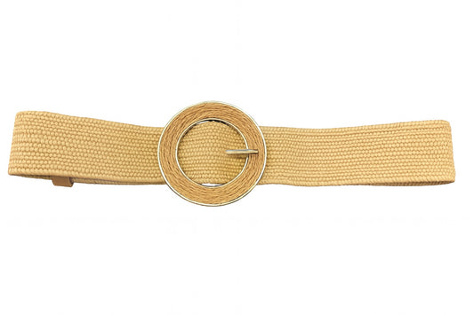 Elastic Beige Straw Belt with Beige and Gold Round Buckle