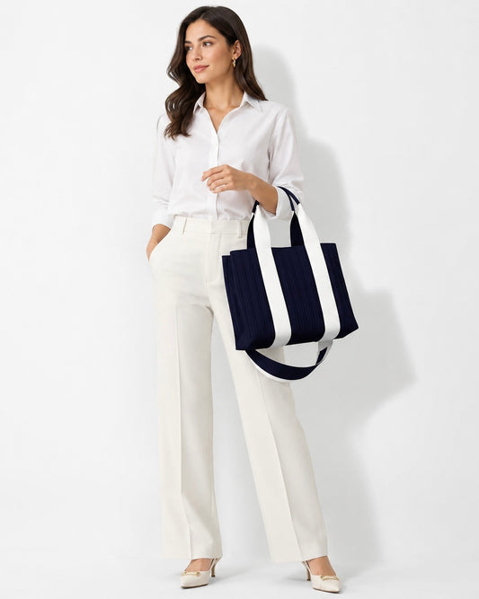 Navy and white tote bag