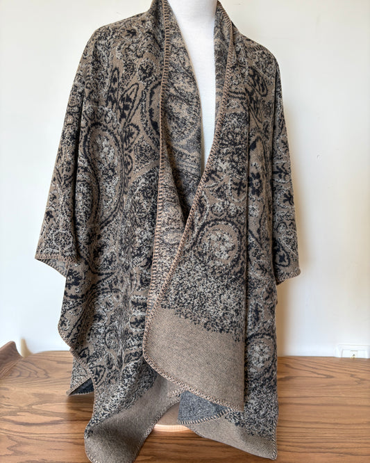 Beige and Black Wool Poncho