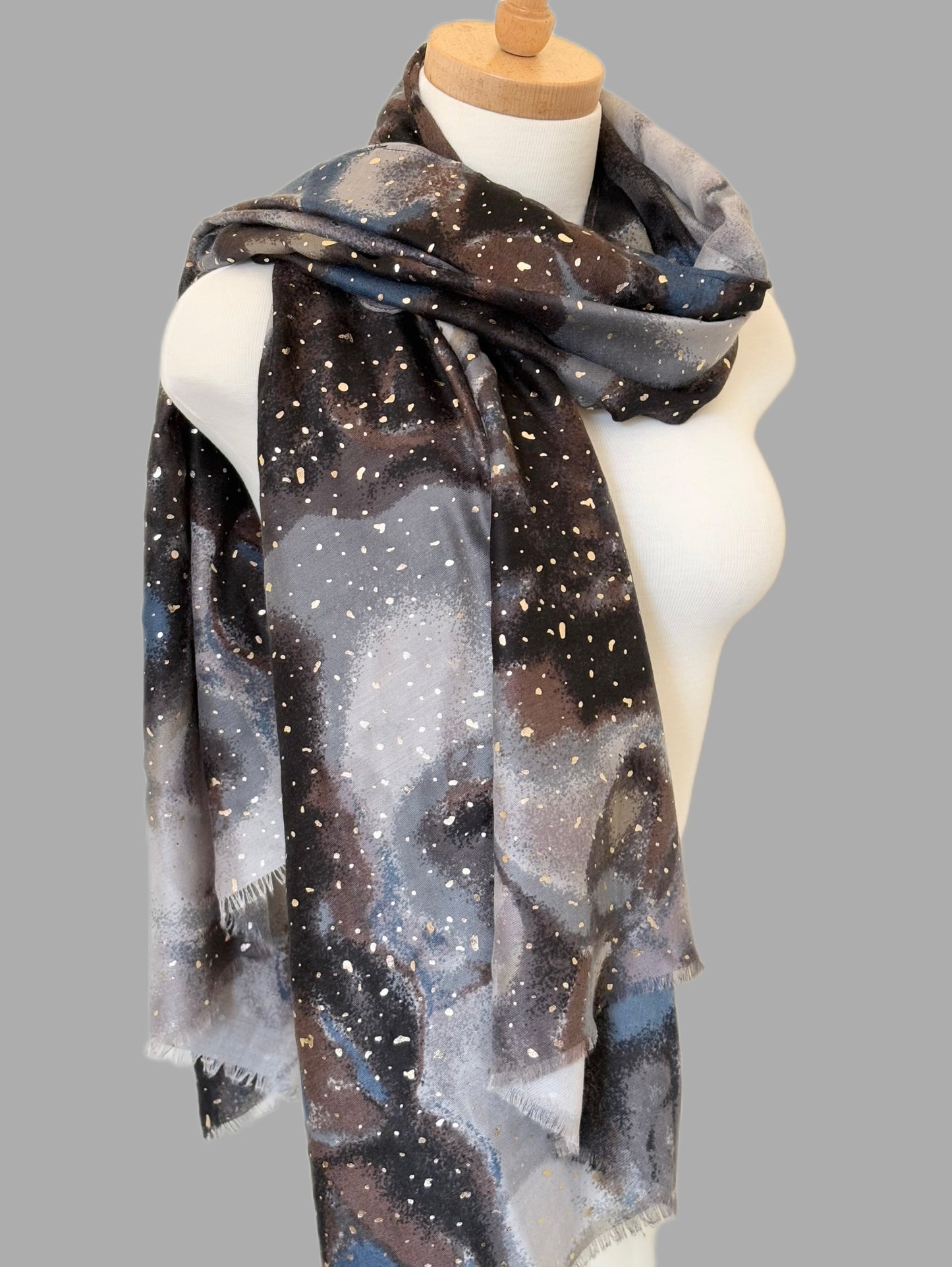 Brown Viscose Scarf with Shiny Prints
