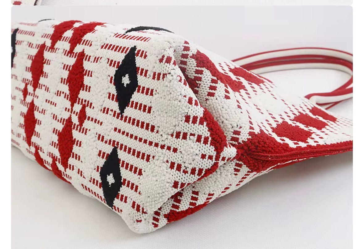 Red and white tote bag
