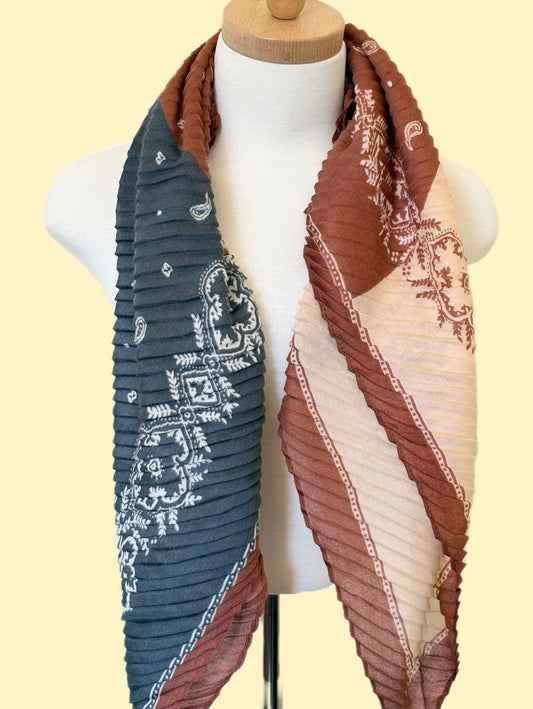 Blue and Brown Crinkle Viscose Neck Scarf
