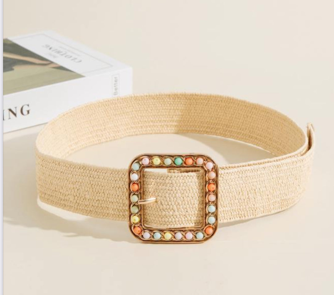Beige Elastic Straw Belt with Beaded Square Buckle