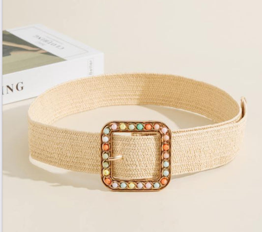 Beige Elastic Straw Belt with Beaded Square Buckle
