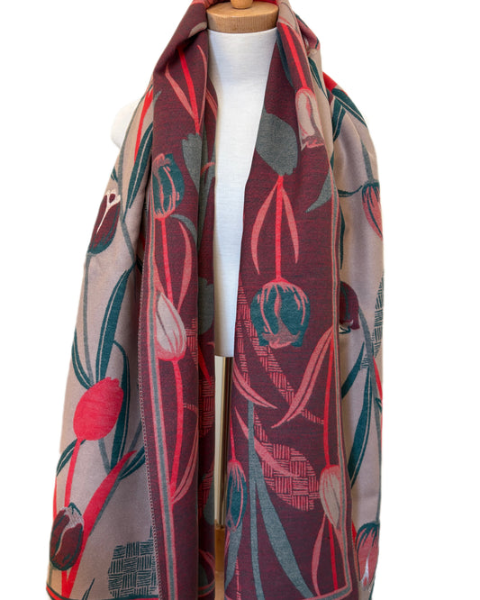 Beige and Red Double Faced Cashmere Shawl Tulip Design