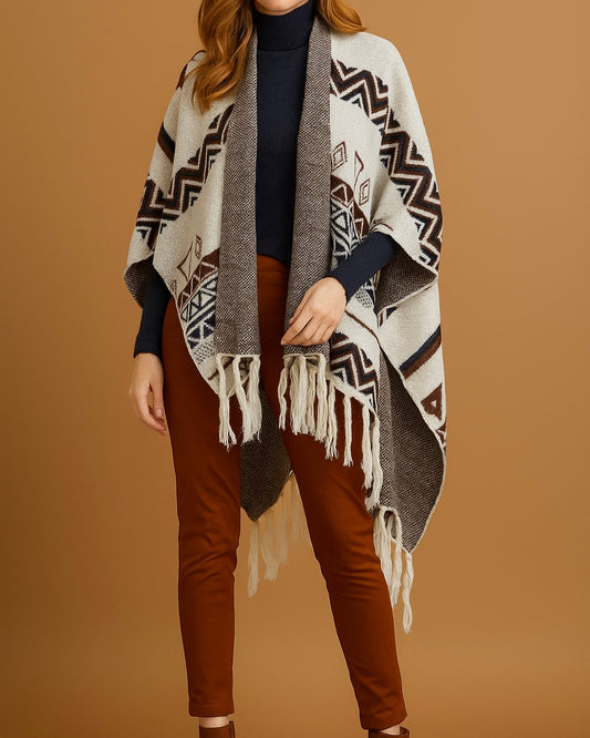 Beige and Brown Thick Wool Poncho