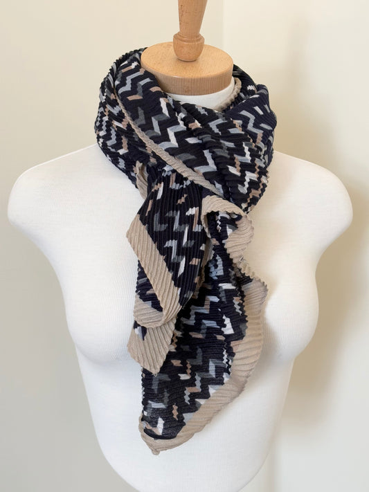 Navy and Beige Crinkle Viscose Scarf