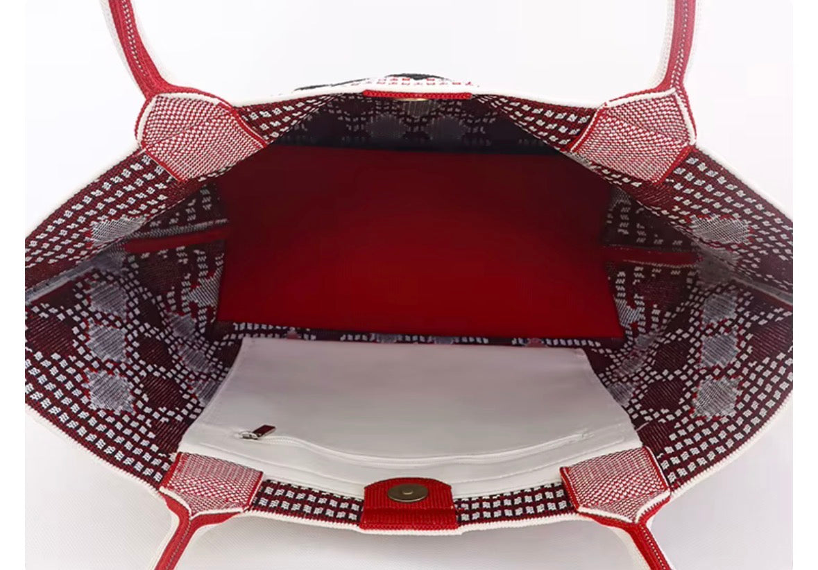 Red and white tote bag