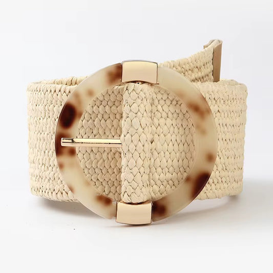 Beige Elastic Straw Belt with Round Buckle