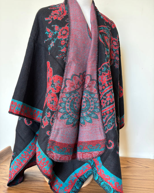 Black and Red Wool Poncho