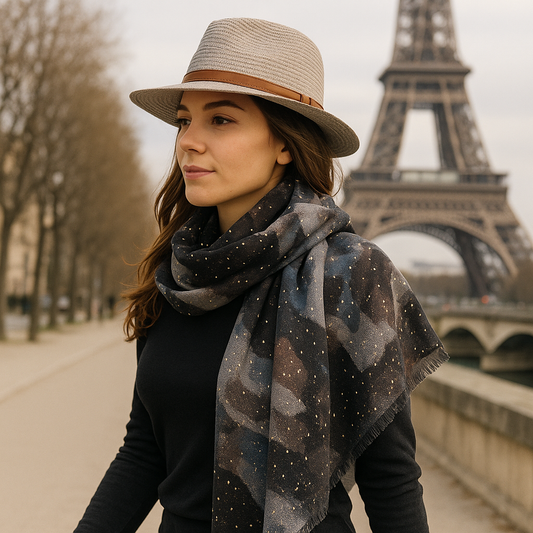 Brown Viscose Scarf with Shiny Prints