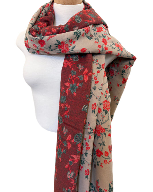 Beige and Red Floral Cashmere Shawl