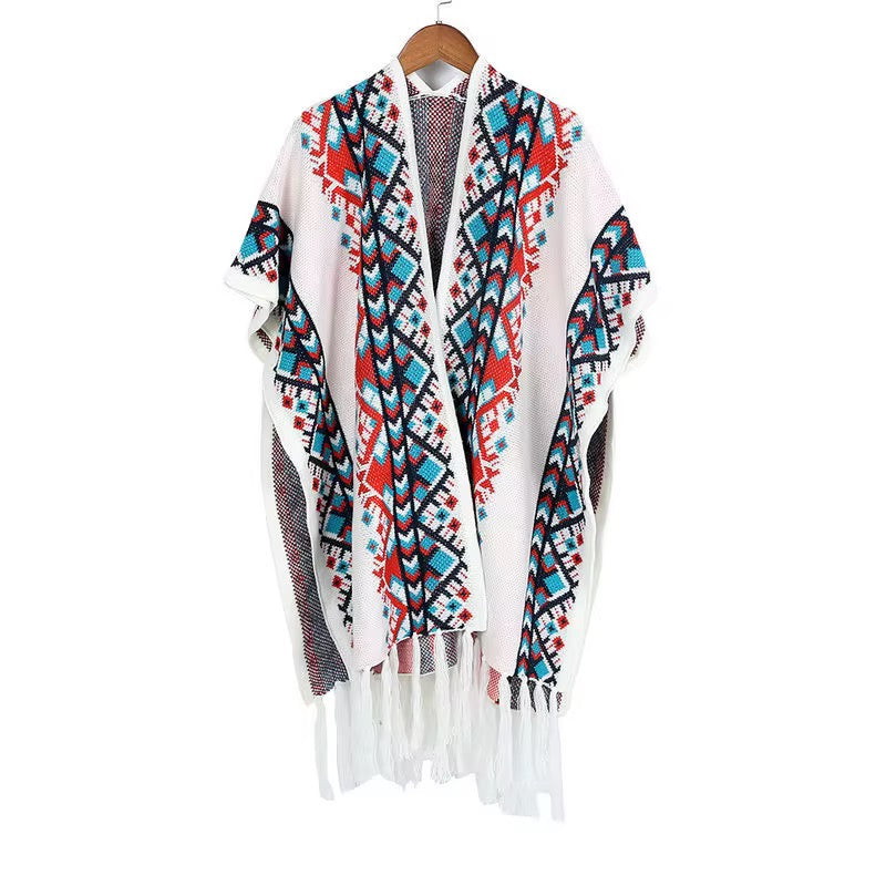 Ethnic White Wool Poncho with Buttons
