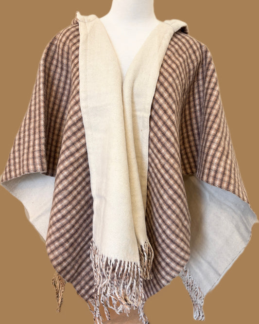 Brown and White Double Sided Hooded Wool Poncho