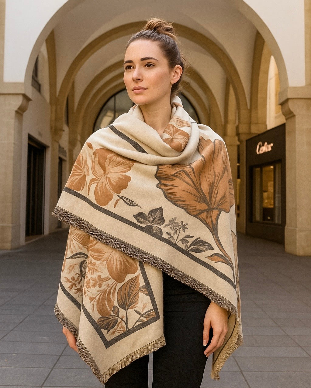 Large Square Pink and Beige Thick Cashmere Shawl