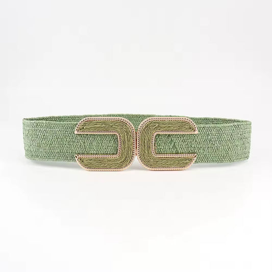 Green Elastic Straw Waist Belt with Gold Buckle