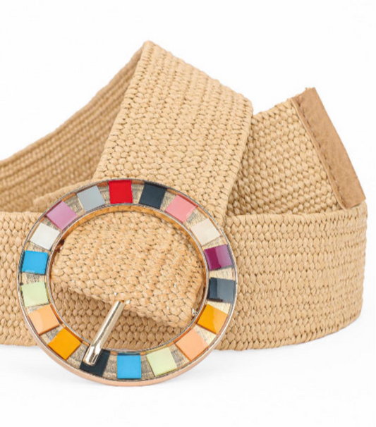 Dark Beige Elastic Straw Belt with Colorful Round Buckle