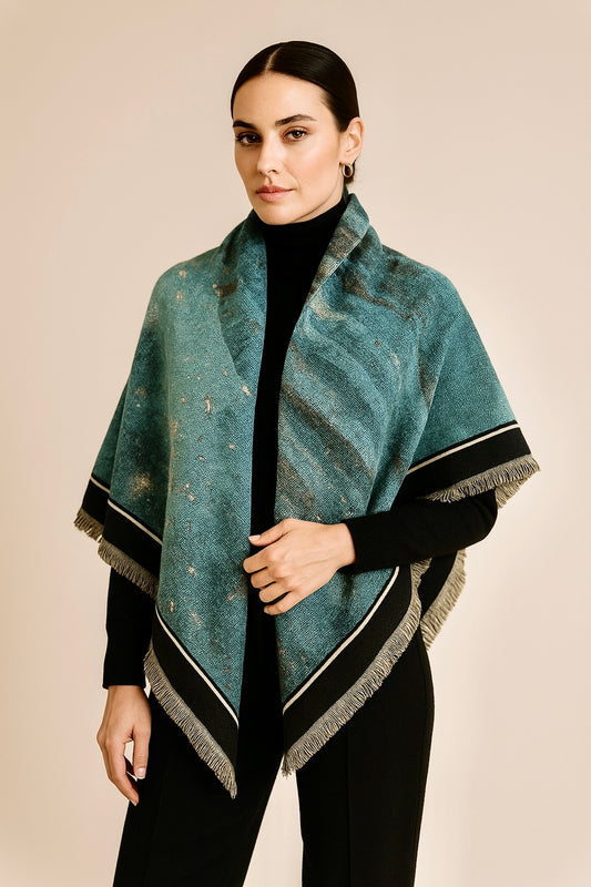 Large Square Blue Oil Painting Design Thick Cashmere Shawl
