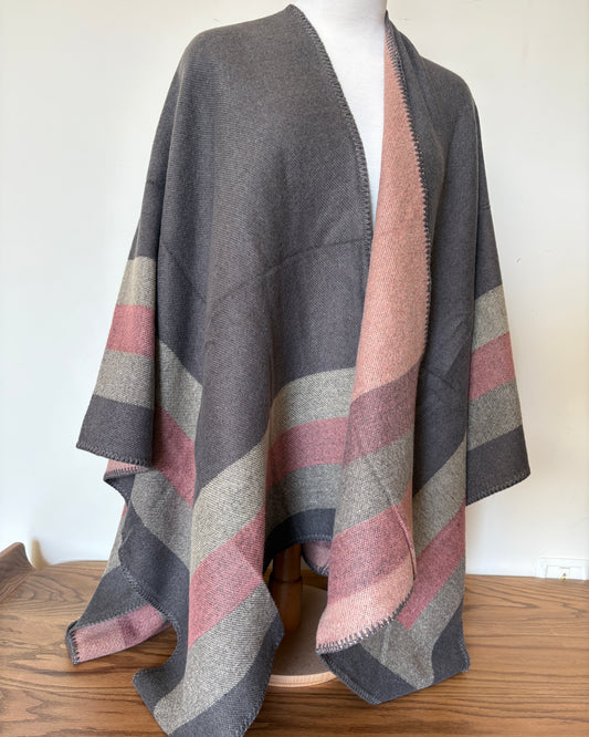 Grey Poncho with Green and Pink Stripes