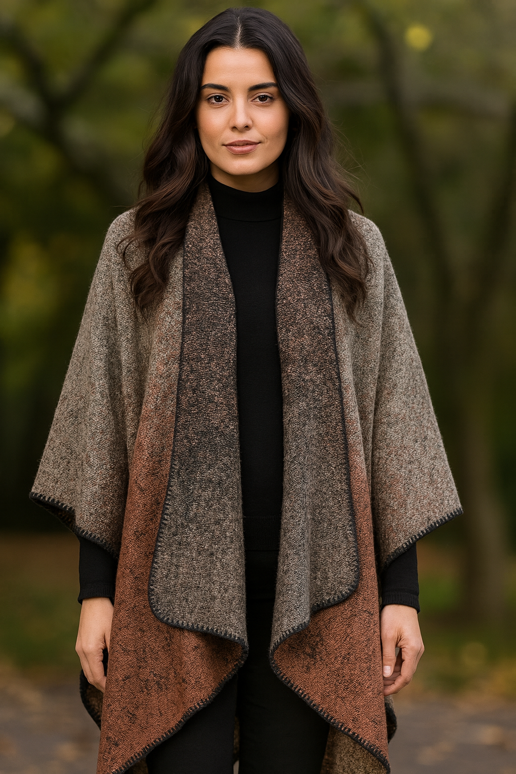 Beige and Brown Wool Poncho