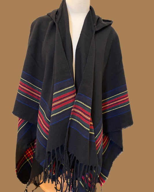 Black Hooded Wool Poncho