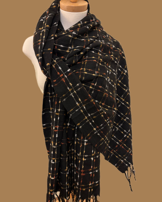 Black Wool Shawl with Colorful Threads