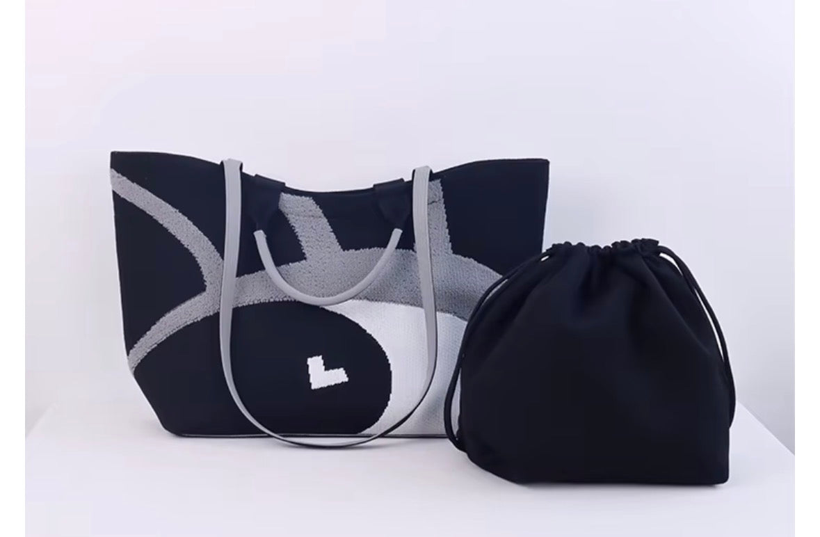 Black and grey knitted tote bag