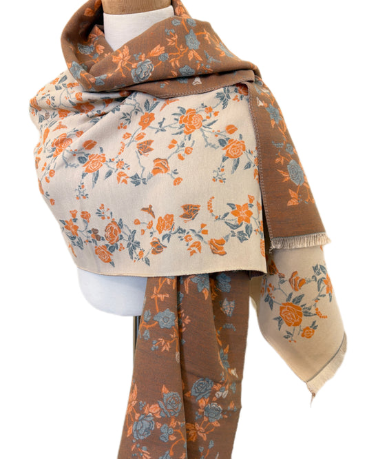 Beige and Brown Double Faced Floral Shawl