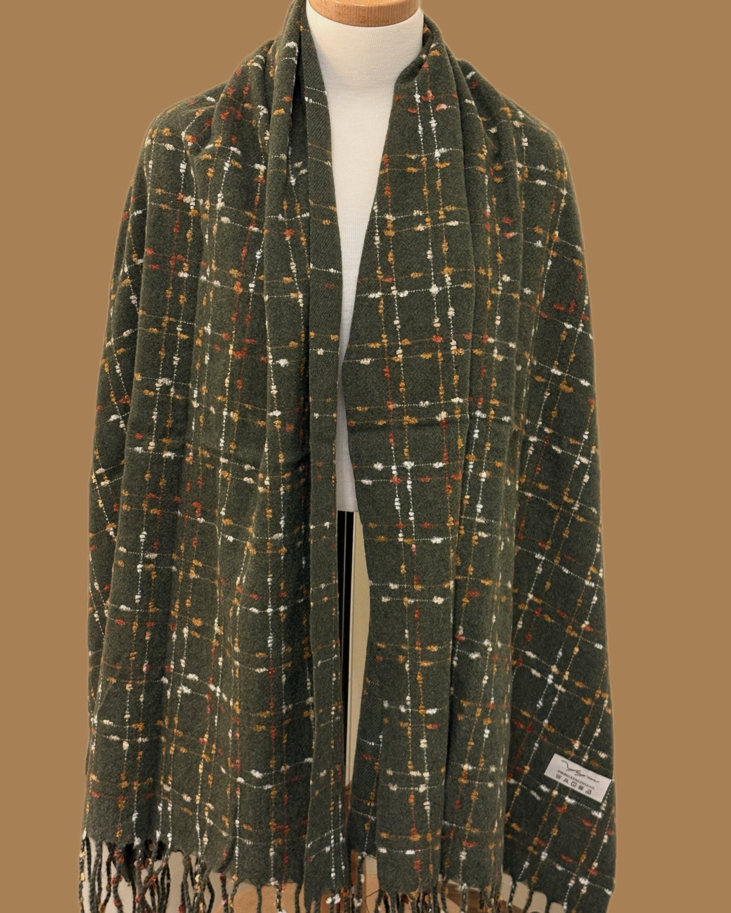 Green Wool Shawl with Colorful Threads
