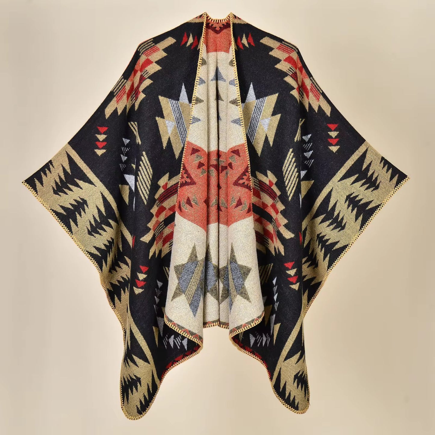 Black and Beige Wool Poncho