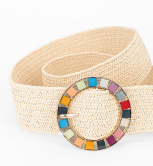 Beige Elastic Straw Belt with Colorful Round Buckle