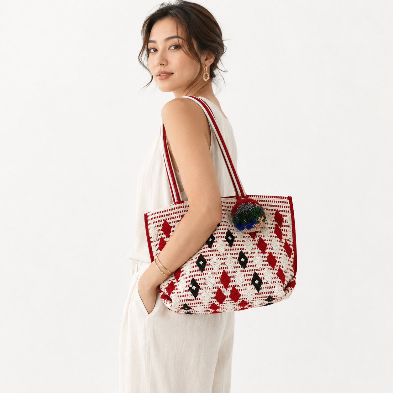 Red and white tote bag
