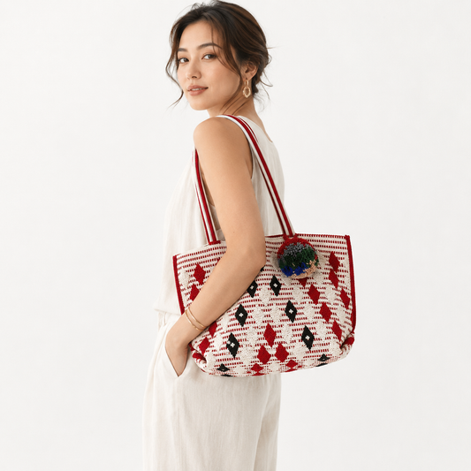 Red and white tote bag
