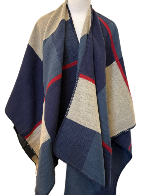 Navy and Light Grey Wool Poncho