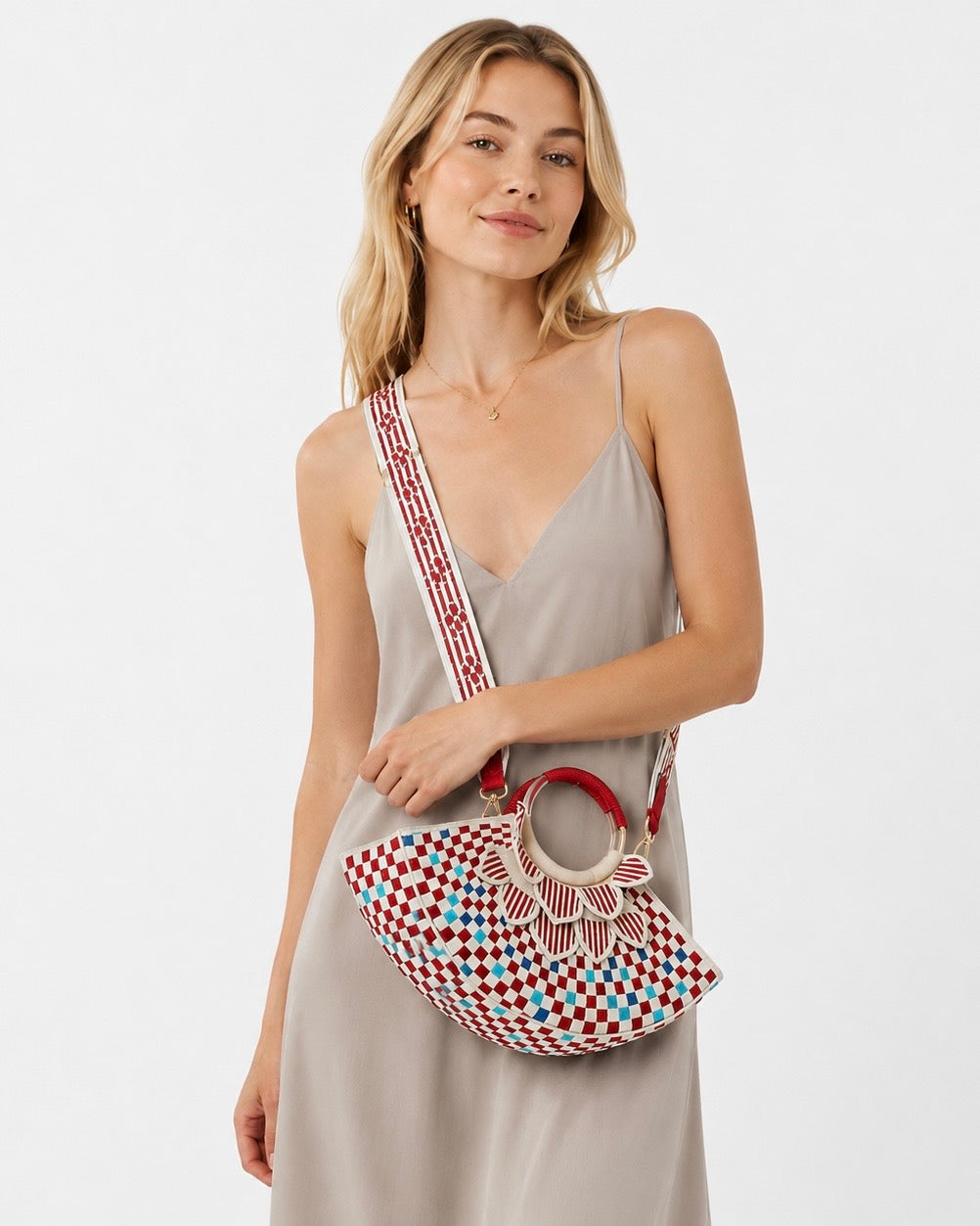 Knitted red and blue handbag