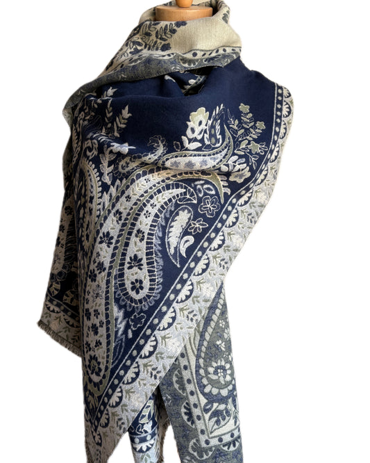 Navy and Green Cashmere Shawl