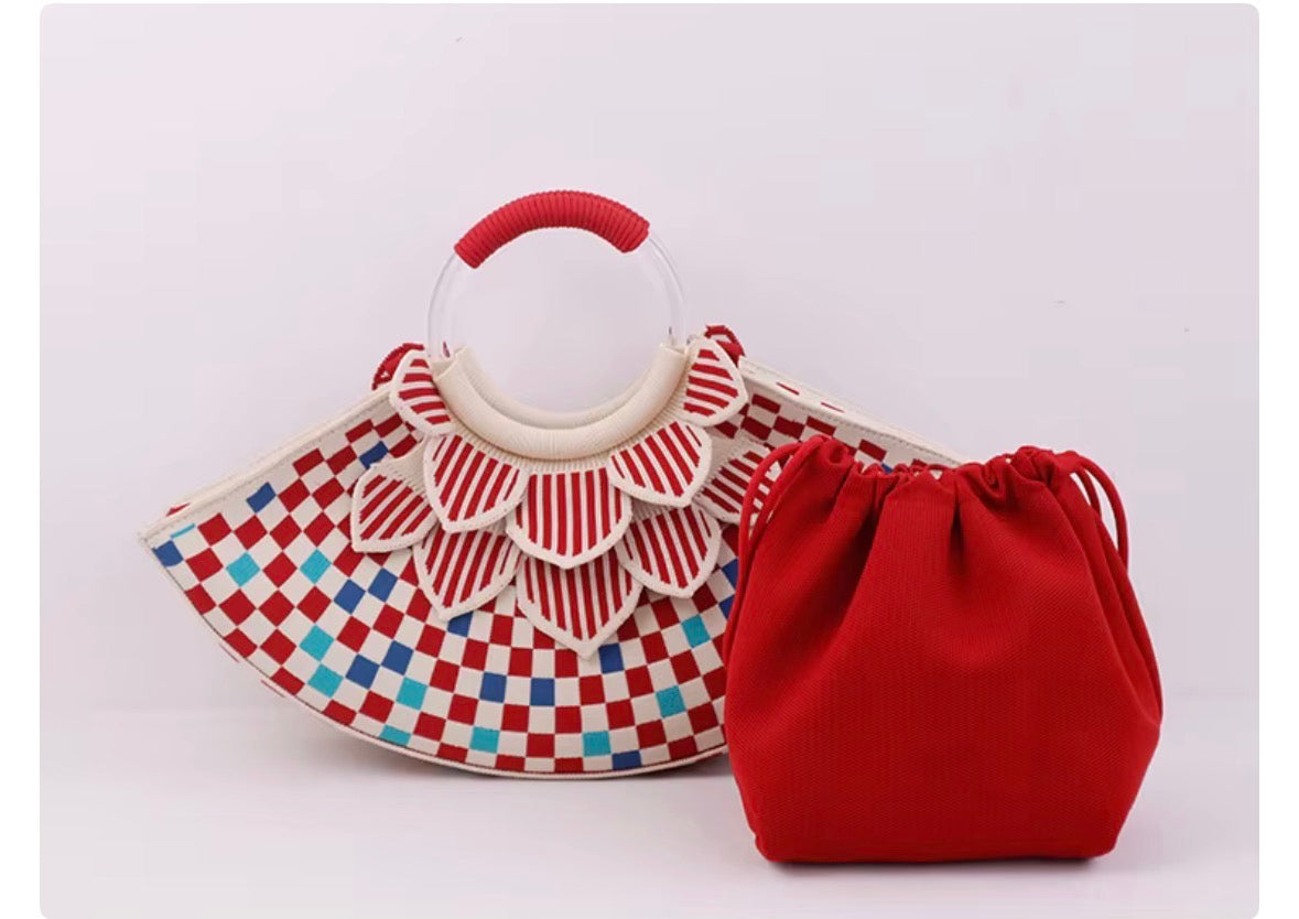 Knitted red and blue handbag