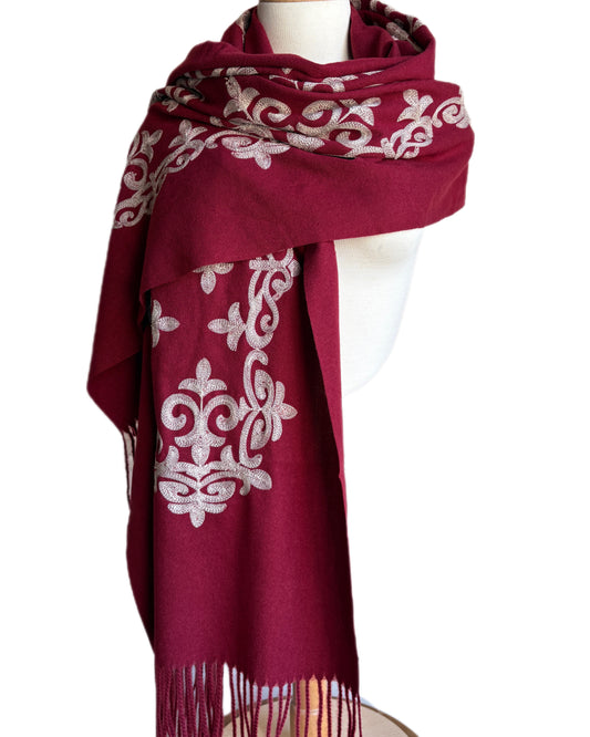 Dark Red Embroidered Pashmina