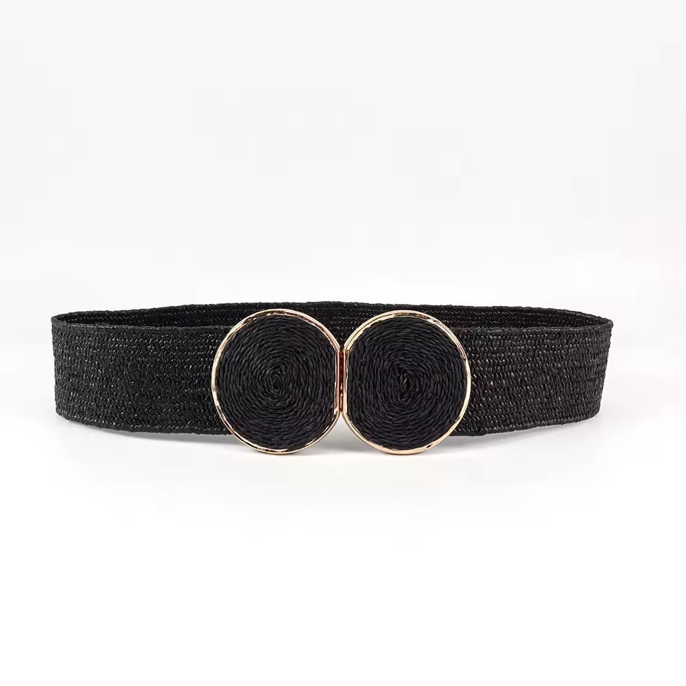 Black Elastic Straw Waist Belt with Round Gold Buckle