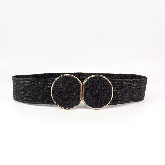 Black Elastic Straw Waist Belt with Round Gold Buckle