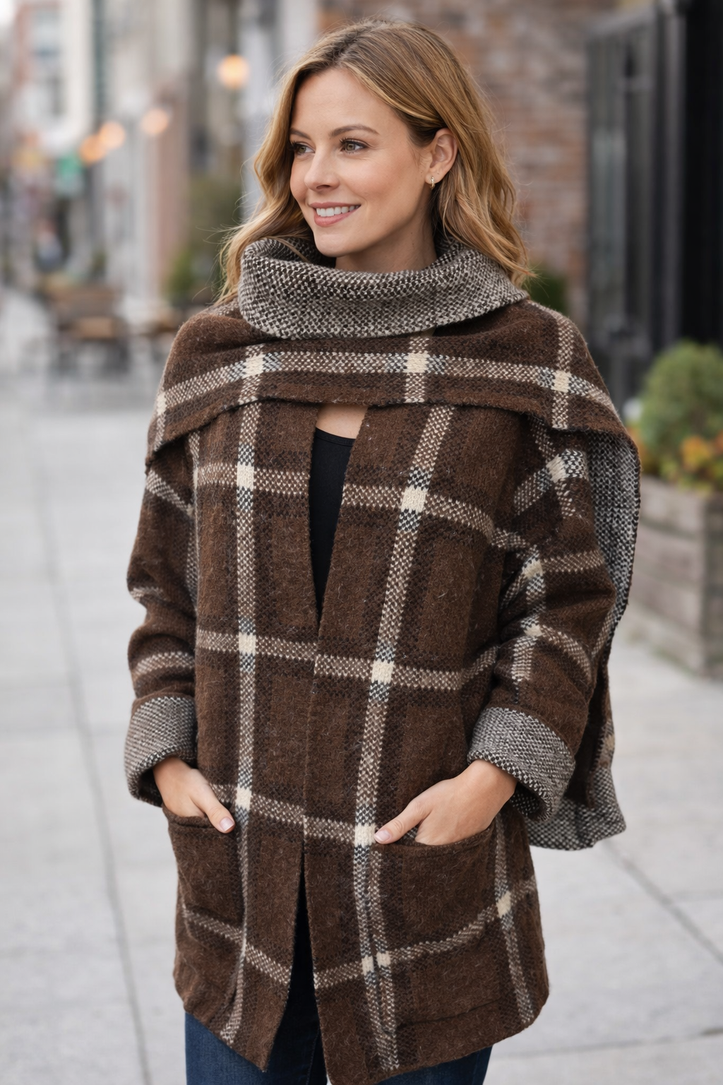 Long Brown Thick Cardigan with Shawl