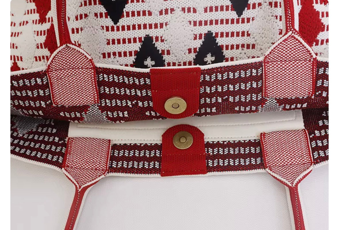 Red and white tote bag