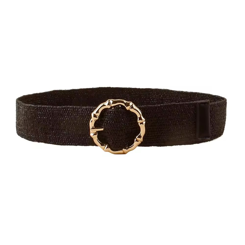 Black Elastic Straw Belt with Gold Vintage Buckle