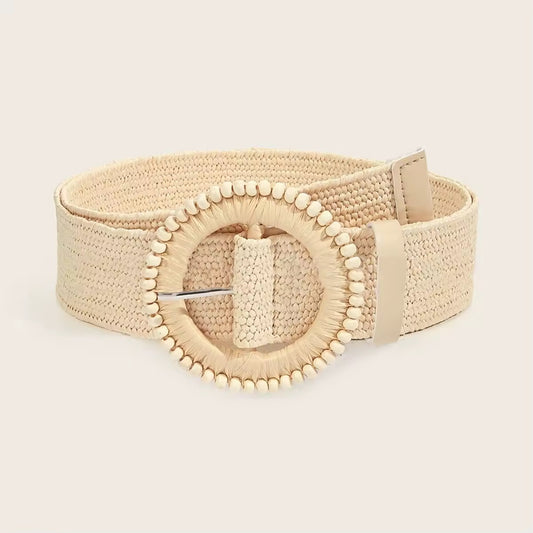 Beige Elastic Belt with Pearl Round Buckle
