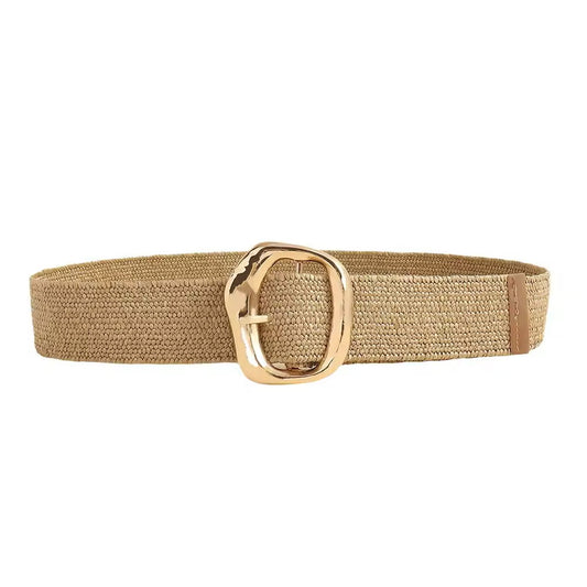 Large Beige Straw Belt with Big Gold Buckle