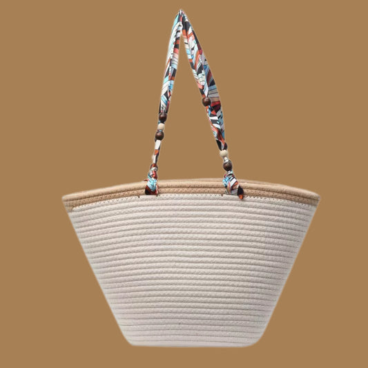 White Straw Bag with Silk Handle