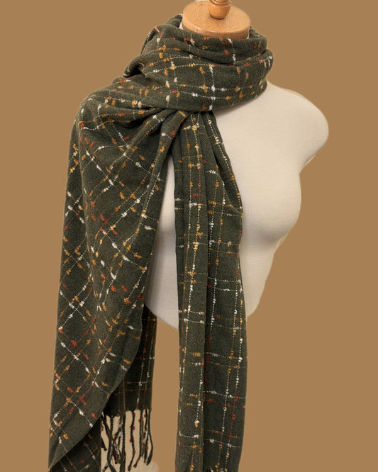 Green Wool Shawl with Colorful Threads