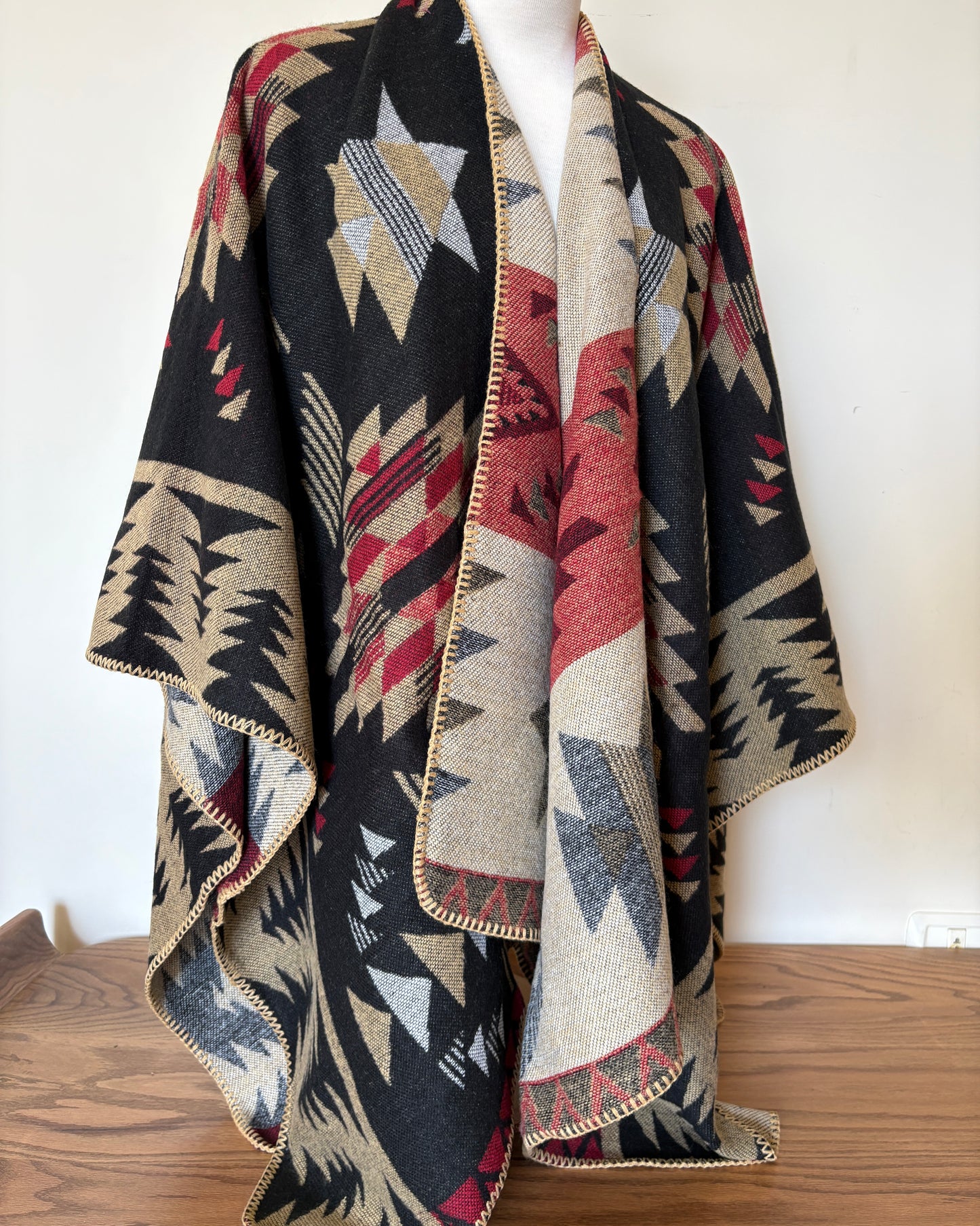 Black and Beige Wool Poncho