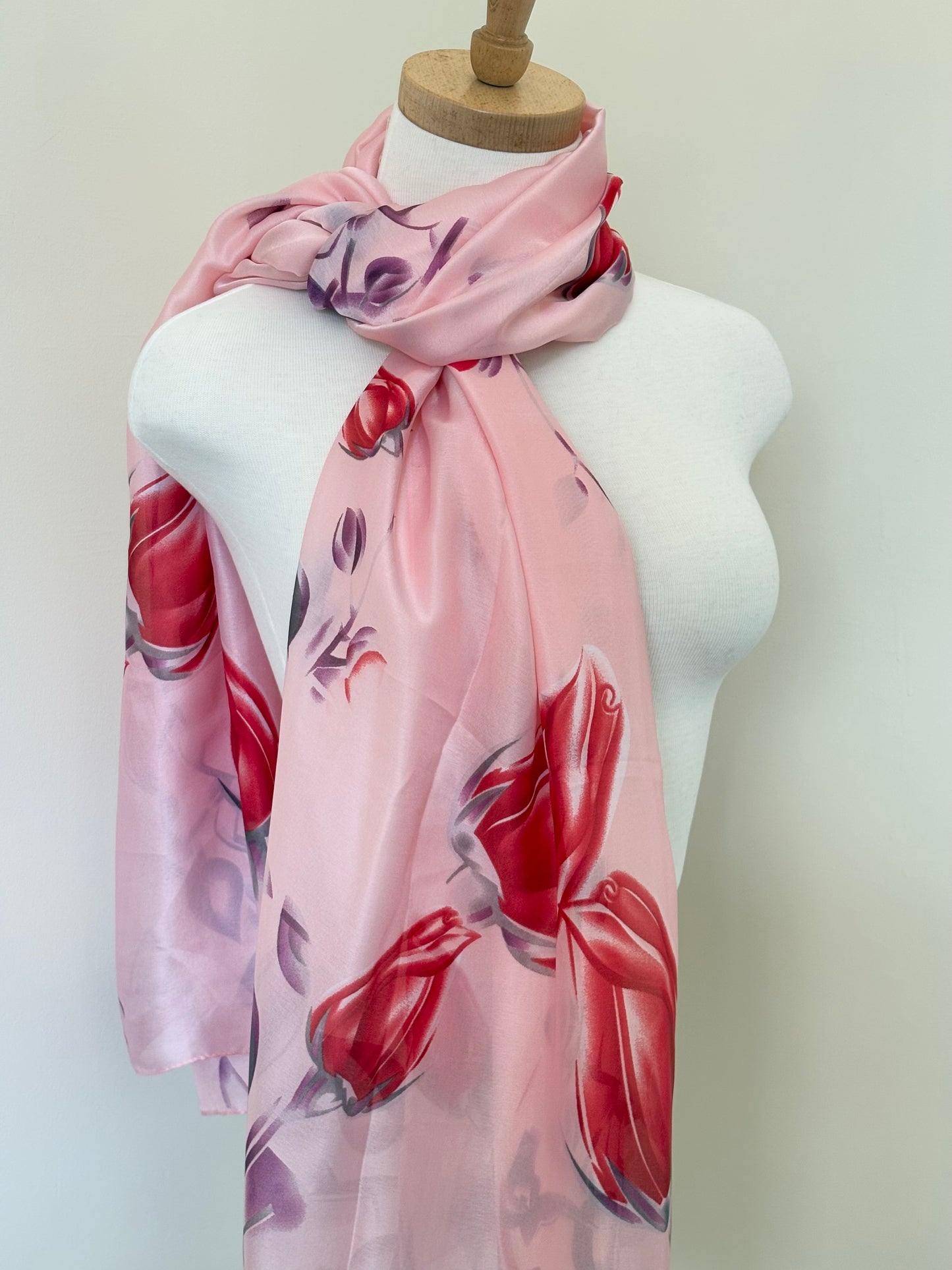 Pink with Red Flowers Silk Scarf