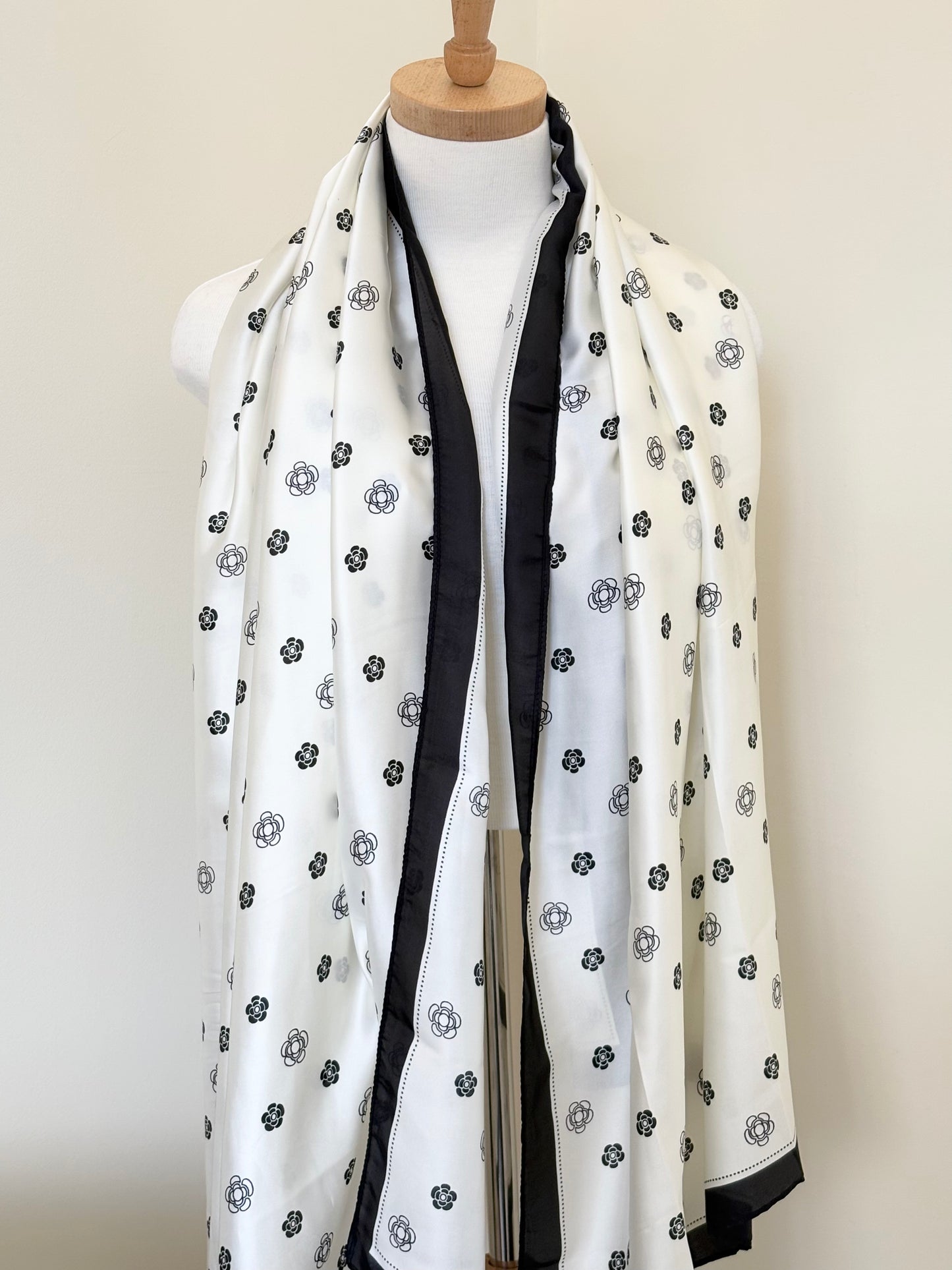 Black and White Floral Silk Scarf